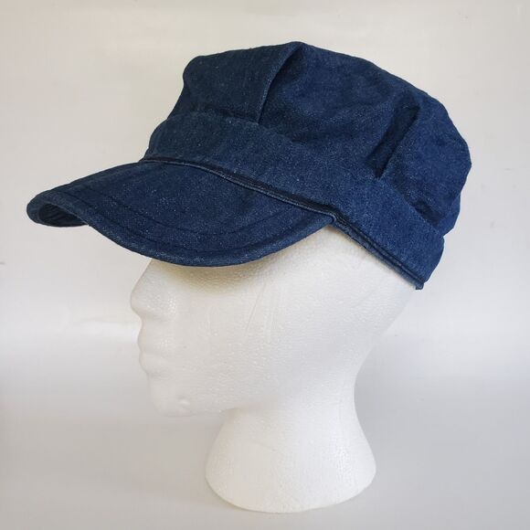 Retro 70s Denim Jean Cap Vtg Pleated Field Hat Bendable Brim Newsboy Conductor - Picture 1 of 10